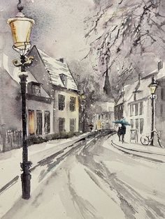 a watercolor painting of a snowy street with people walking down it and a lamp post in the foreground