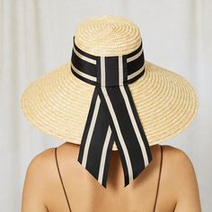 Natural straw UPF 50+ protection wide-brim sunhat with black/beige striped ribbon band and tails. 6.75" X 4" X 6.25" SKU: 21015-04324 Broad Forehead, Delicate Features, Heart Face, Striped Ribbon, Western Chic, Heart Face Shape, Eugenia Kim, Circular Economy, Organic Materials