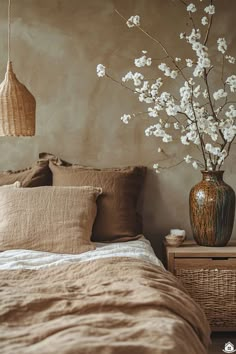 a bedroom with a bed, nightstands and flowers in vases on the table