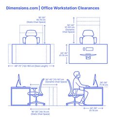 an office workstation is shown with measurements for the desk and chair, which are also labeled