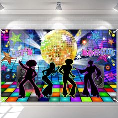 an image of people dancing on the dance floor with disco lights and stars in the background