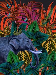 an elephant with a crown on its head surrounded by tropical plants and butterflies in the background