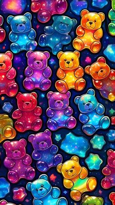 there are many colorful teddy bears in the space with stars on them, and one is multicolored