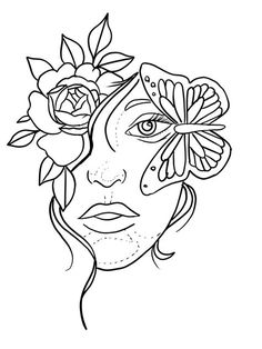 a woman's face with flowers in her hair and butterflies on her forehead, drawn by