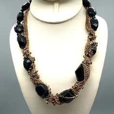 "Fabulous Multi Strand Twist Necklace, Whimsigoth Vintage Messy Mix of Black Beads Gold Chains and Channel Crystals, Statement Runway Couture Measurement * 18\" with 2\" extender unsigned Condition * Excellent condition. Gently used."