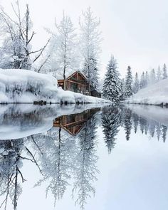 a small cabin sits on the shore of a lake surrounded by snow - covered trees