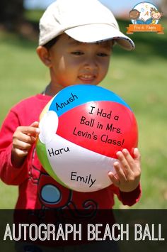 a young boy holding a beach ball in his hands with the words, i had a ball in mrs levi's class