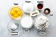 ingredients to make an egg muffin recipe on a white surface with words describing the ingredients