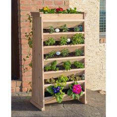 a wooden planter filled with lots of plants