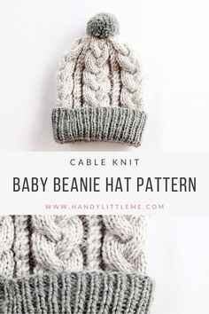 the cable knit baby beanie hat pattern is shown with text overlay that reads, cable knit baby beanie hat pattern