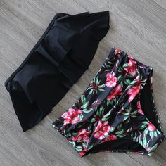 Bandeau Ruffled Print High Rise Triangle Bikinis Black Hawaiian Swimwear For Beach Season, Black Tropical Print Summer Tankini, Black Tropical Swimwear With Floral Print, Black Summer Tankini With Tropical Print, Black Printed Tankini, Black Floral Print Tankini For Beach Season, Black Printed Tropical Swimwear, Black Tropical Printed Swimwear, Black Printed Tankini For The Beach