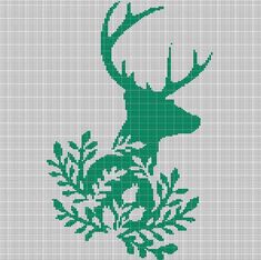 the silhouette of a deer is shown in green on a gray background with leaves and branches