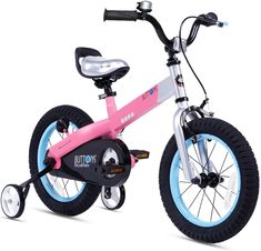 a pink and blue bike with wheels on the front, sitting against a white background