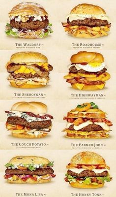 an image of burgers with different toppings on each side and the names below them