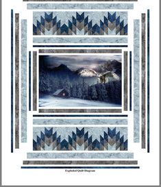 a quilt pattern with mountains in the background and snow on the ground, as well as two