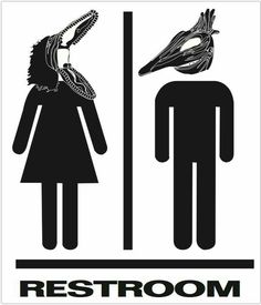 a black and white sign that says restroom with a bird perched on the man's head