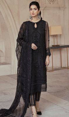 Black Pakistani Dress, Organza Suits, Pakistani Fancy Dresses, Salwar Kamiz, Pakistani Salwar Kameez, Embroidered Sleeves, Embroidered Dupatta, Pakistani Wedding Dresses, Suit Designs