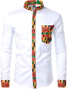 This Men's Black Kente Tribal Embroidered Long Sleeve Button Down Shirt is perfect for any formal or casual event. Featuring 100% breathable cotton fabric and traditional Kente embroidery, it adds a stylish touch to any outfit. Make a statement with this bold shirt. Trendy Look That Provides a Comfortable Slim Fit & Impeccable Style 100% Cotton Blend Size Chest Waist XXS 29 - 31 27 - 29 XS 30 - 32 28 - 30 S 34 - 36 30 - 32 M 38 - 40 32 - 33 L 42 - 44 33 - 34 XL 46 - 48 36 - 38 2XL 48 - 50 40 - 42 3XL 50 - 52 44 - 48 Dashiki Shirt Mens, African Dashiki Shirt, Dashiki Shirt, African Wear Styles For Men, Latest African Men Fashion, African Shirts For Men, Printed Shirts Men, African Dashiki, African Clothing For Men