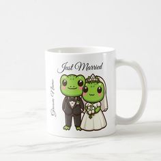 a wedding couple with two green turtles on their heads coffee mugs for bride and groom