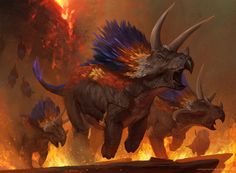 an artist's rendering of two dinosaurs attacking each other in front of a fire