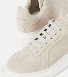 Find ALEXANDER MCQUEEN Oversized Suede Sneakers on Editorialist. Upper: calf leather. Lining: leather. Sole: leather insole, rubber sole. Toe shape: round toe. Made in Italy. Includes: shoe box. Designer color name: Naturel. Closure: lace-up. Mcqueen Sneakers, Alexander Mcqueen Sneakers, Metallic Sneakers, White Sneakers Women, Latest Sneakers, Sneakers Blue, Suede Sneakers, White Sneakers, Shoe Box