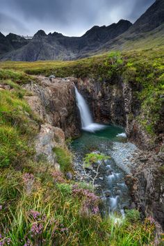 a small waterfall in the middle of a valley with green grass and flowers around it