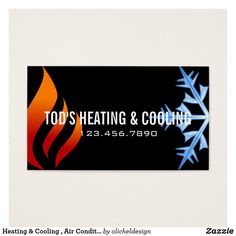 a business card for heating and cooling with snowflakes on the front, and an orange flame in the middle