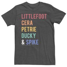 The names of all your favorite characters are present in colorful fashion on this The Land Before Time short sleeve tee! The names of all your favorite characters are present in colorful fashion on this The Land Before Time short sleeve tee! Short sleeves Crewneck FABRIC & CARE Cotton, Polyester Machine wash Imported Size: XL. Color: Dark Grey. Gender: male. Age Group: adult. Pattern: Graphic. Fandom Short Sleeve T-shirt With Letter Print, Themed Multicolor T-shirt With Character Print, Pre-shrunk Themed Multicolor T-shirt, Multicolor Pre-shrunk Themed T-shirt, Themed Multicolor Pre-shrunk T-shirt, Themed Multicolor T-shirt With Letter Print, Multicolor Themed Tops With Letter Print, Themed Multicolor Tops With Letter Print, Casual Multicolor Personalized T-shirt