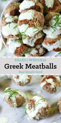 greek meatballs with white sauce and dill sprinkled on top