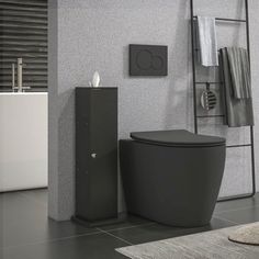 a bathroom with a toilet, sink and towel rack on the wall next to it