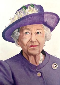 an older woman wearing a purple hat with flowers on it's brims