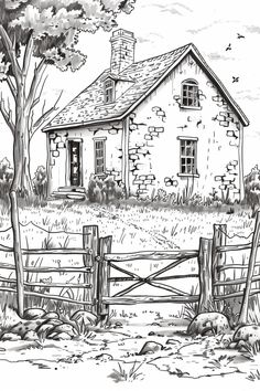 a drawing of a house in the country with a fence and trees around it, as well as birds flying overhead