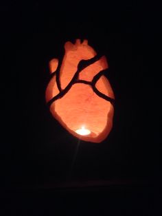 a paper lantern shaped like a human heart is lit up in the dark with a candle