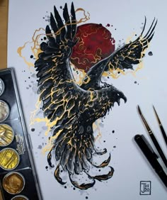 a drawing of a black bird with yellow and red feathers on it's wings