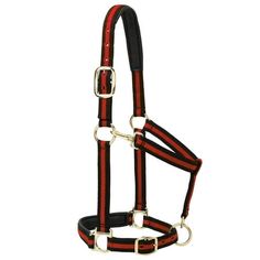 a black and red striped halter with gold buckles