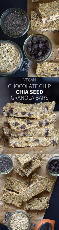 granola bars stacked on top of each other with chocolate chips and chia seeds