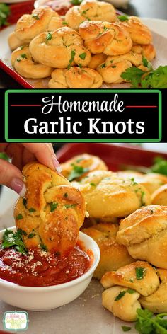 homemade garlic knots on a plate with dipping sauce