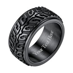 PRICES MAY VARY. Material: Made of stainless steel,black plated,non-deformable, and hypoallergenic. High polished on the surface, smooth and comfortable to wear. Engravable Creative car racer tire tread design,nice ring for men, women,and bikers.High polish smooth innerface,spin smoothly, perfect as a stress relief ring! Dimensions: 10mm(0.39 inch) Wide; Size from 7-12; Weight: about 11.4g Occasion: Suits for daily and perfect as a stress relief tool,brings you both personality and comfort. Gift Spinner Rings For Men, Wrench Ring, Band Rings For Men, Motorcycle Wedding, Creative Car, Tire Tread, Car Racer, Comfort Gifts, Cool Car