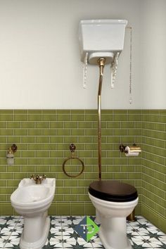 two toilets in a bathroom with green tiles