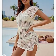 Nwt - Womens Crochet Bathing Suit Cover Up Size Xl - Fits More Like A Large Fitted V-neck Crochet Top For Beach Season, Stretch Crochet Top For Beach, Beige Stretch Crochet Top For Vacation, Fitted Hollow Out Crochet Top For Vacation, Beachwear Crochet Top For Day Out, Fitted Crochet Top With Short Sleeves For Vacation, Fitted Short Sleeve Crochet Top For Vacation, Summer Hollow Out Crochet Top, Vacation Crochet Top With Hollow Out Design