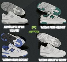 four different types of shoes with white and blue accents