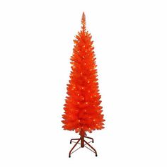 an orange artificial christmas tree with lights on it's base and stand in front of a white background