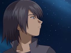 an anime character staring at the sky with stars in the backgrouds behind him