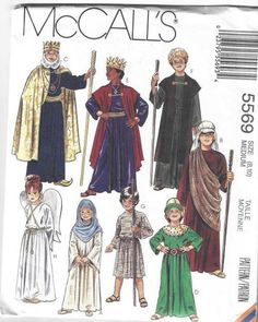 "McCall's 5569 ©1991; \"CHILDREN'S, GIRLS' AND BOYS' COSTUMES: Pattern includes gowns, robes and accessories. Suggestions for trimming costumes are included in sewing guide.\" Pattern is uncut and in factory folds. Fits ~~ CHILD Size Medium Size 8-10 Breast/Chest 27-28.5 Waist 23.5-24.5 Hip 28-30 Envelope has normal corner wear." Biblical Christmas, Biblical Costumes, Nativity Costumes, Pageant Costumes, Boys Costumes, King Costume, Kids Costumes Girls, Christmas Pageant, Childrens Sewing Patterns