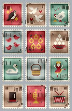 a cross stitch pattern with many different items on the same square, each in different colors