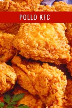 fried chicken is piled on top of each other with the words polo kfc above it