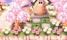 an animal house surrounded by pink flowers and other animals in front of trees with white roses