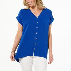 Nina Leonard Textured Wave Button Down Top  This lightweight, textured top has you covered for all your plans — day or night. The button-down design creates an versatile look that pairs just as easily with jeans or a maxi skirt. Versatile Blue Top With Button Closure, Versatile Blue Button-up Top, Green Cherries, Textured Waves, Hair Fragrance, Men's Grooming, Piece Of Clothing, Button Downs, Maxi Skirt