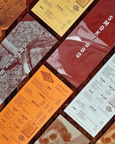 the menus are laid out on top of each other in different colors and patterns