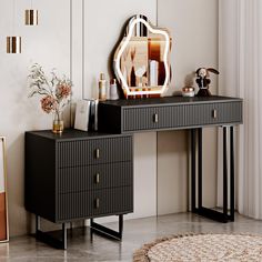 a black and gold dresser with a mirror on it's side table next to a rug